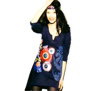 DESIGUAL Asymmetrical Mini Dress Tunic Navy Embroidered Flowers Butterfly Dragon